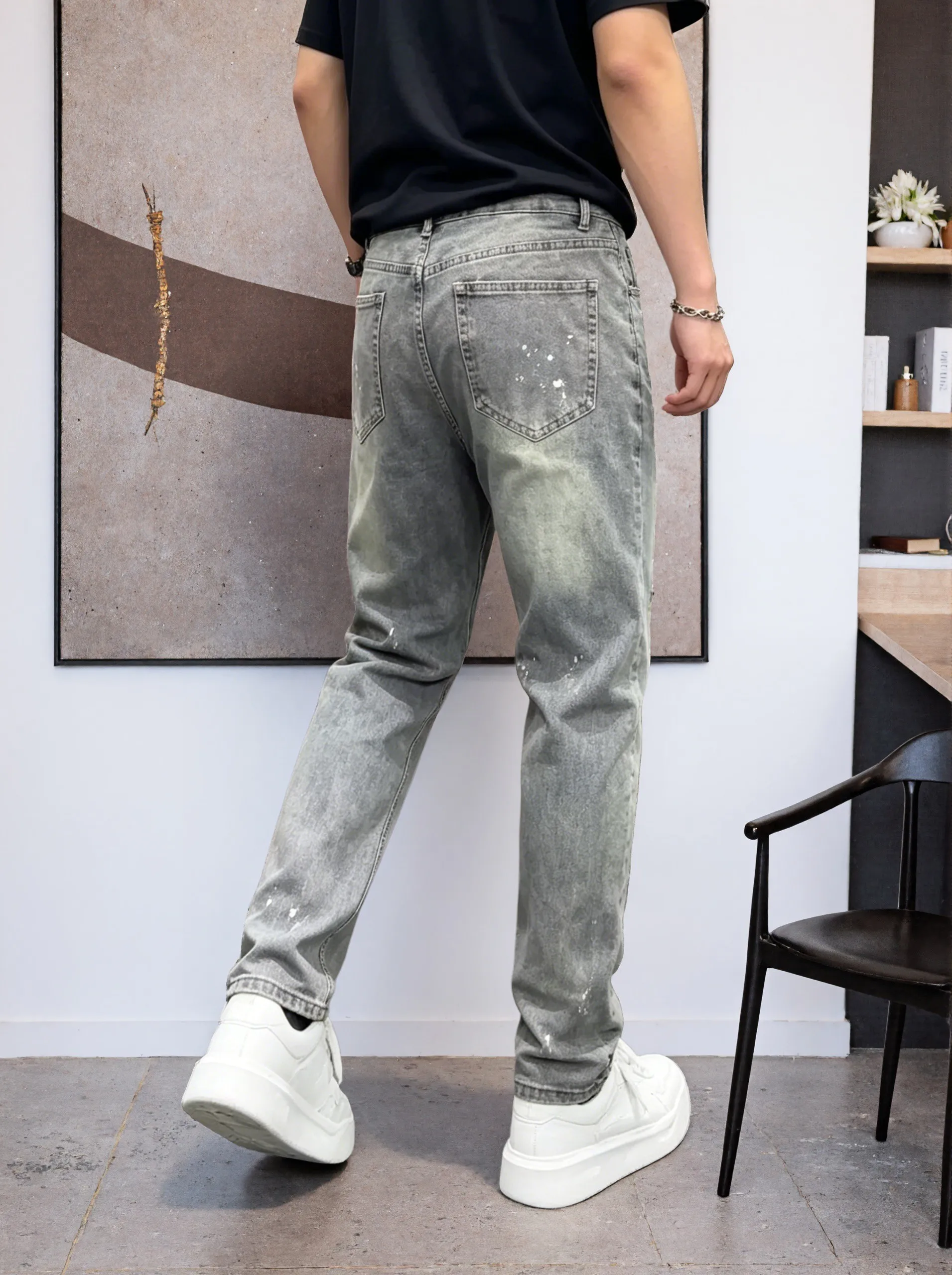 【HME】Men's Jeans | Ripped Paint Splatter Denim Pants, Men Retro Faded Washed Denim Jeans, Relaxed Straight‑Fit Male Denim Trousers, Destroyed Frayed Details, Durable Denim Bottoms, Multi‑Pocket Casual Denim Wear For Male Daily Going‑Out