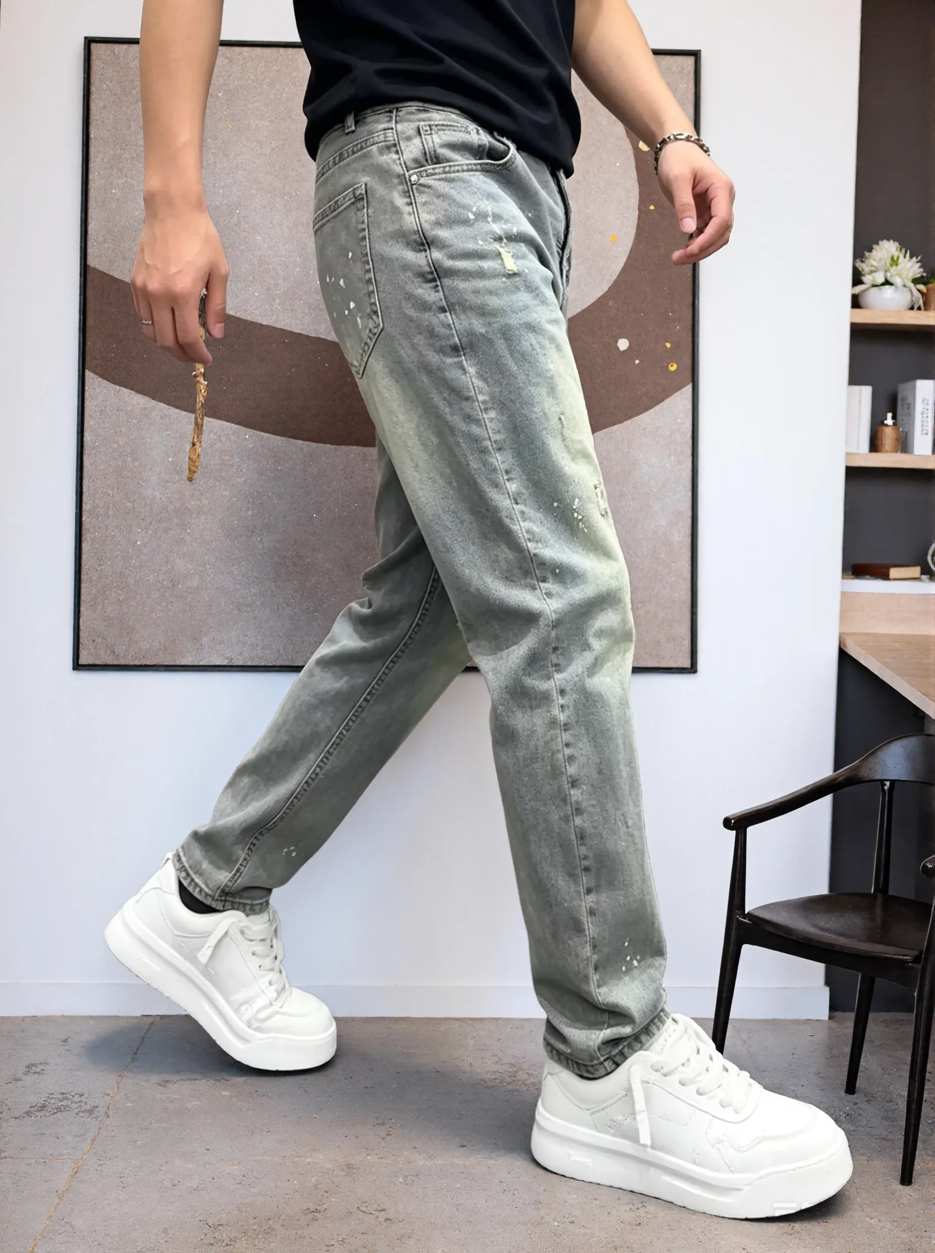 【HME】Men's Jeans | Ripped Paint Splatter Denim Pants, Men Retro Faded Washed Denim Jeans, Relaxed Straight‑Fit Male Denim Trousers, Destroyed Frayed Details, Durable Denim Bottoms, Multi‑Pocket Casual Denim Wear For Male Daily Going‑Out
