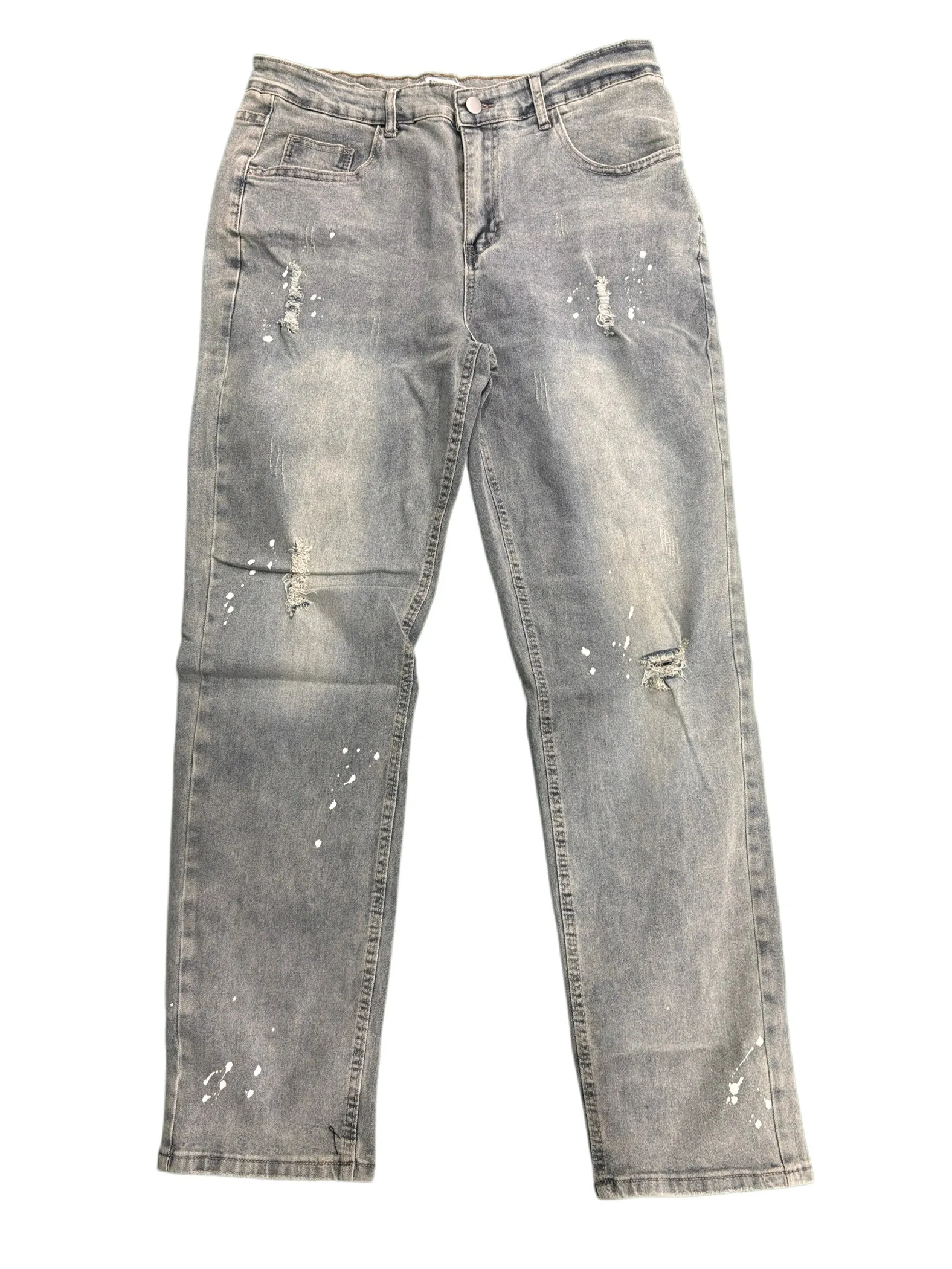 【HME】Men's Jeans | Ripped Paint Splatter Denim Pants, Men Retro Faded Washed Denim Jeans, Relaxed Straight‑Fit Male Denim Trousers, Destroyed Frayed Details, Durable Denim Bottoms, Multi‑Pocket Casual Denim Wear For Male Daily Going‑Out