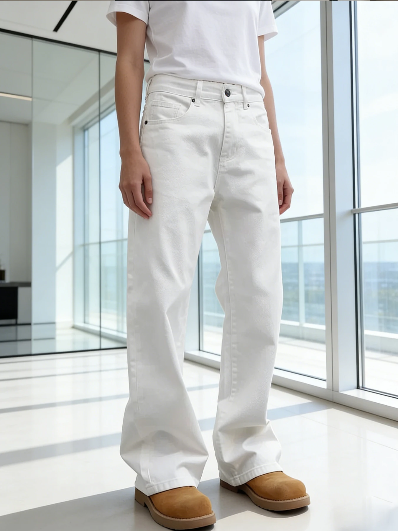 High-End Feeling Pure White Men's Jeans, Loose Wide-Leg Style That Flatters the Legs