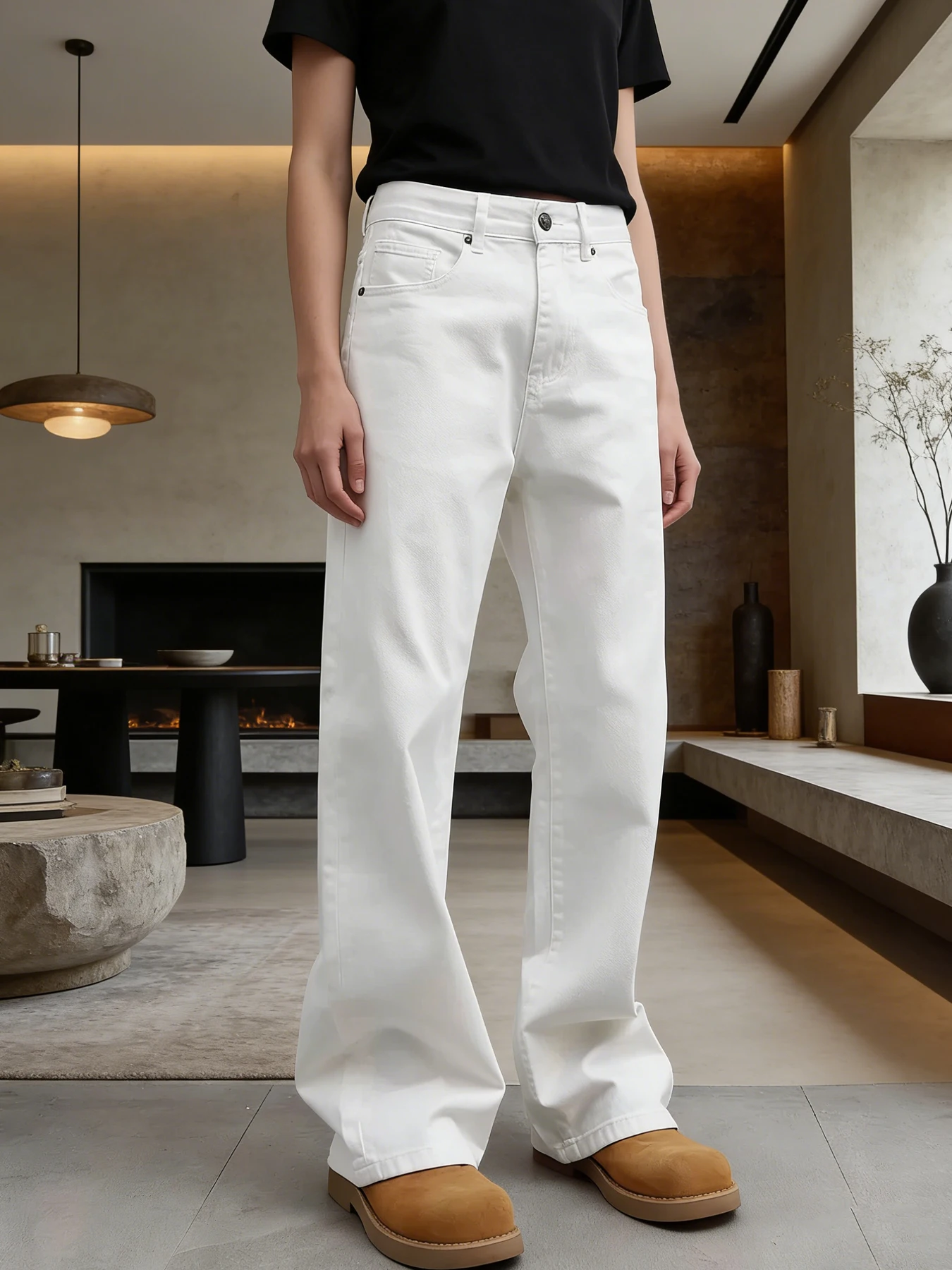 High-End Feeling Pure White Men's Jeans, Loose Wide-Leg Style That Flatters the Legs