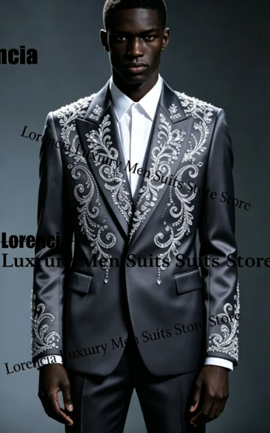 Handsome Embroidery Jewelry Tuxedo Men Suit Customized Sequin Male Prom Blazers 2 Pieces Set Wedding Groom Diamond Ropa Hombre