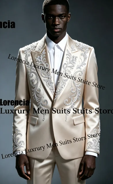 Handsome Embroidery Jewelry Tuxedo Men Suit Customized Sequin Male Prom Blazers 2 Pieces Set Wedding Groom Diamond Ropa Hombre