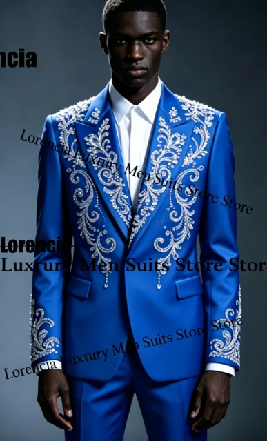 Handsome Embroidery Jewelry Tuxedo Men Suit Customized Sequin Male Prom Blazers 2 Pieces Set Wedding Groom Diamond Ropa Hombre