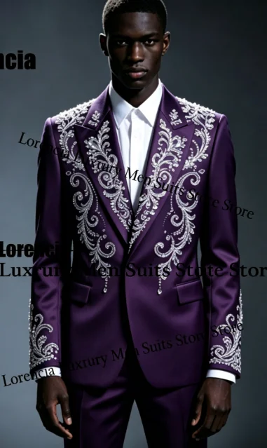 Handsome Embroidery Jewelry Tuxedo Men Suit Customized Sequin Male Prom Blazers 2 Pieces Set Wedding Groom Diamond Ropa Hombre
