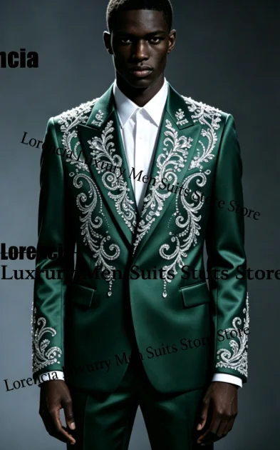 Handsome Embroidery Jewelry Tuxedo Men Suit Customized Sequin Male Prom Blazers 2 Pieces Set Wedding Groom Diamond Ropa Hombre