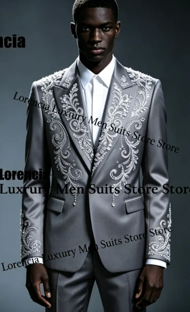 Handsome Embroidery Jewelry Tuxedo Men Suit Customized Sequin Male Prom Blazers 2 Pieces Set Wedding Groom Diamond Ropa Hombre