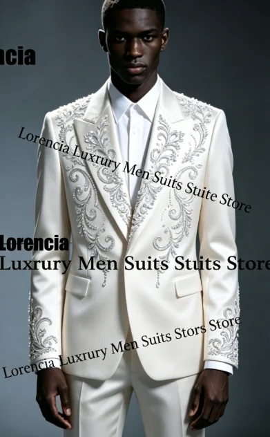 Handsome Embroidery Jewelry Tuxedo Men Suit Customized Sequin Male Prom Blazers 2 Pieces Set Wedding Groom Diamond Ropa Hombre