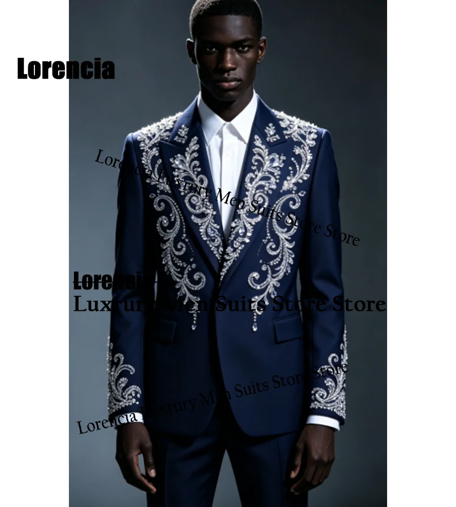 Handsome Embroidery Jewelry Tuxedo Men Suit Customized Sequin Male Prom Blazers 2 Pieces Set Wedding Groom Diamond Ropa Hombre