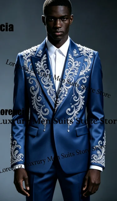 Handsome Embroidery Jewelry Tuxedo Men Suit Customized Sequin Male Prom Blazers 2 Pieces Set Wedding Groom Diamond Ropa Hombre