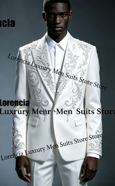 Handsome Embroidery Jewelry Tuxedo Men Suit Customized Sequin Male Prom Blazers 2 Pieces Set Wedding Groom Diamond Ropa Hombre