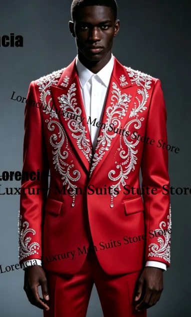 Handsome Embroidery Jewelry Tuxedo Men Suit Customized Sequin Male Prom Blazers 2 Pieces Set Wedding Groom Diamond Ropa Hombre