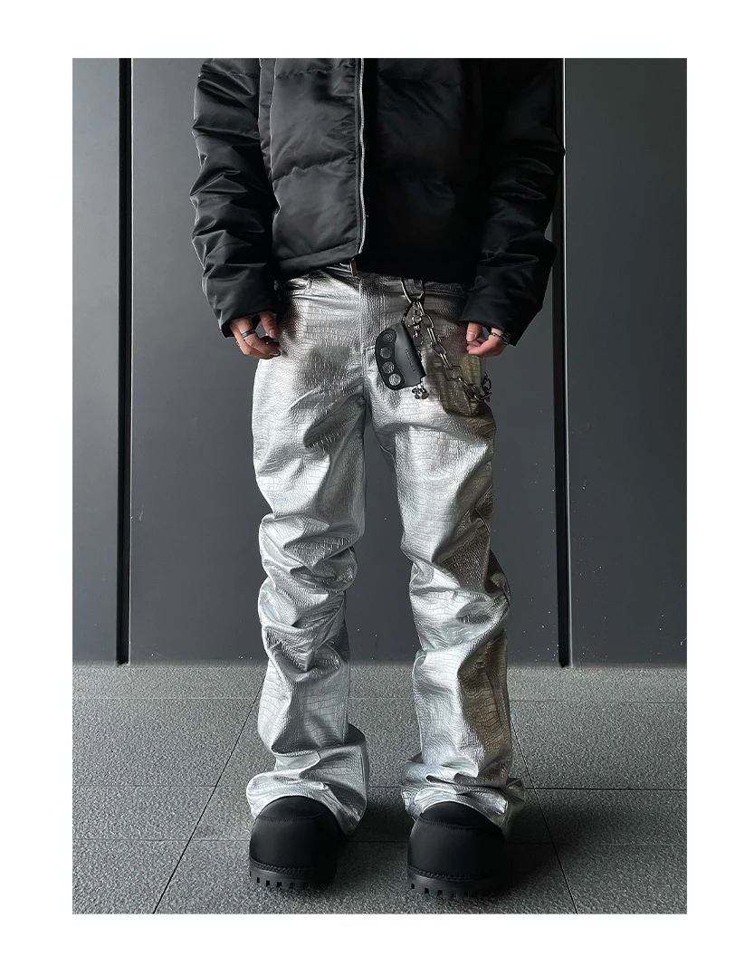 Mauroicardi Spring Autumn Cool Handsome Long Black Crocodile Print Pu Leather Pants for Men Luxury Designer Floor Length Clothes