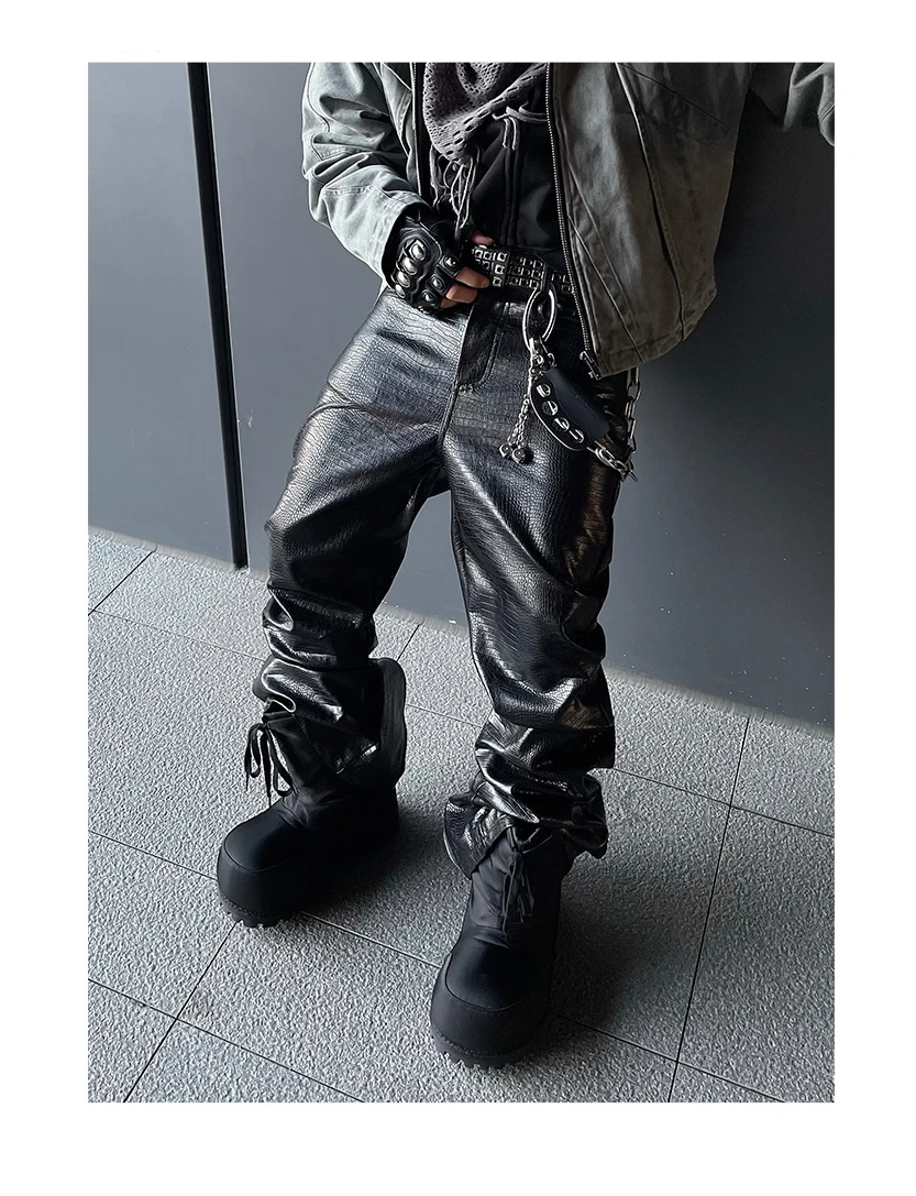 Mauroicardi Spring Autumn Cool Handsome Long Black Crocodile Print Pu Leather Pants for Men Luxury Designer Floor Length Clothes