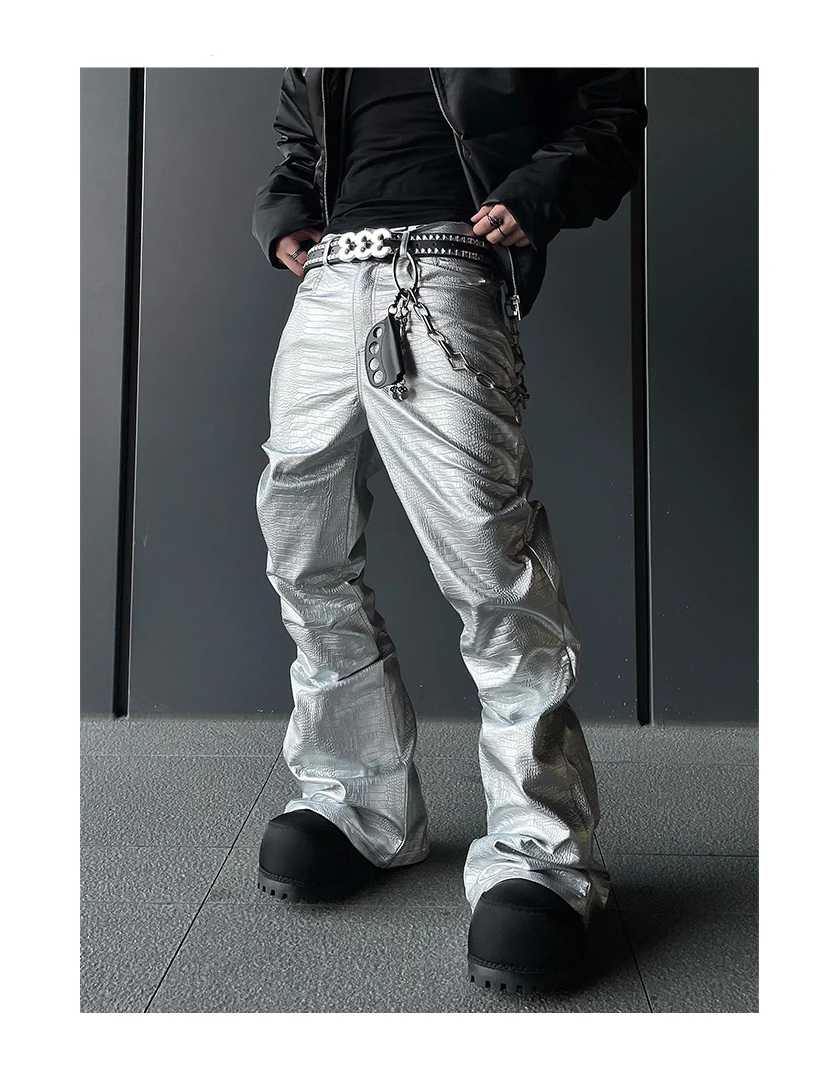 Mauroicardi Spring Autumn Cool Handsome Long Black Crocodile Print Pu Leather Pants for Men Luxury Designer Floor Length Clothes