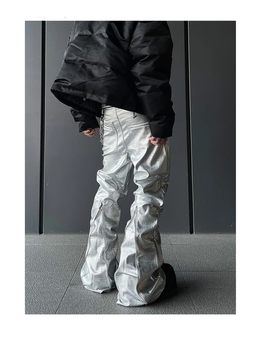 Mauroicardi Spring Autumn Cool Handsome Long Black Crocodile Print Pu Leather Pants for Men Luxury Designer Floor Length Clothes