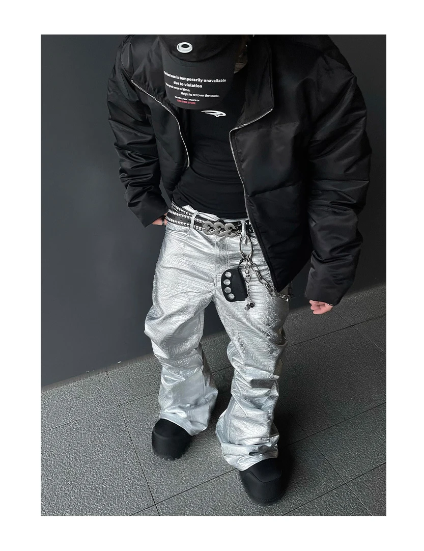 Mauroicardi Spring Autumn Cool Handsome Long Black Crocodile Print Pu Leather Pants for Men Luxury Designer Floor Length Clothes