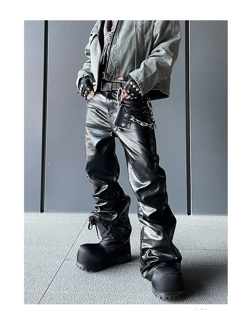 Mauroicardi Spring Autumn Cool Handsome Long Black Crocodile Print Pu Leather Pants for Men Luxury Designer Floor Length Clothes