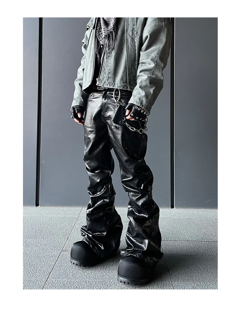 Mauroicardi Spring Autumn Cool Handsome Long Black Crocodile Print Pu Leather Pants for Men Luxury Designer Floor Length Clothes
