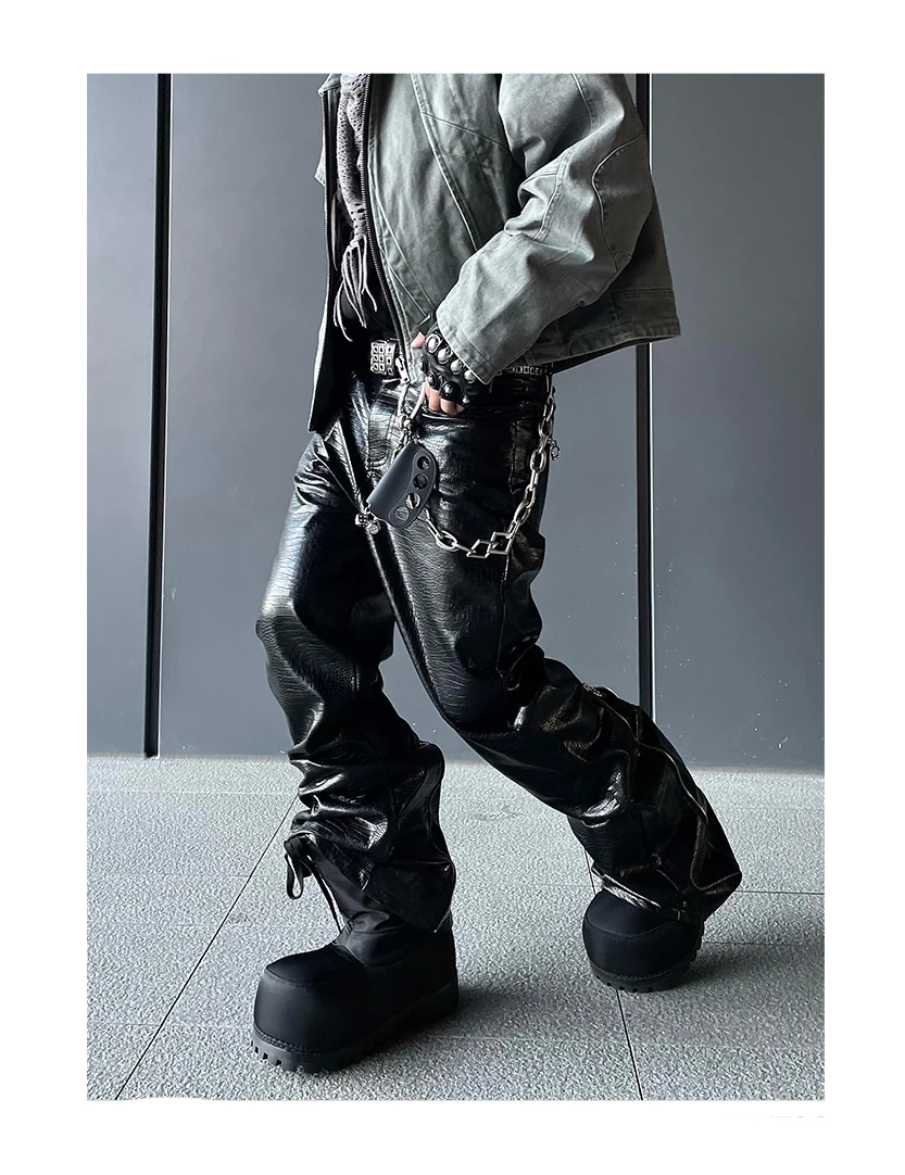 Mauroicardi Spring Autumn Cool Handsome Long Black Crocodile Print Pu Leather Pants for Men Luxury Designer Floor Length Clothes