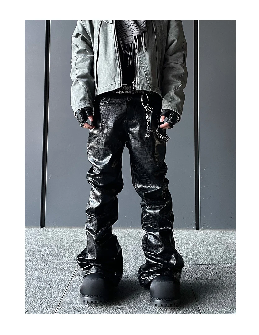 Mauroicardi Spring Autumn Cool Handsome Long Black Crocodile Print Pu Leather Pants for Men Luxury Designer Floor Length Clothes