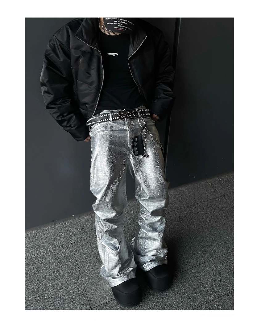Mauroicardi Spring Autumn Cool Handsome Long Black Crocodile Print Pu Leather Pants for Men Luxury Designer Floor Length Clothes