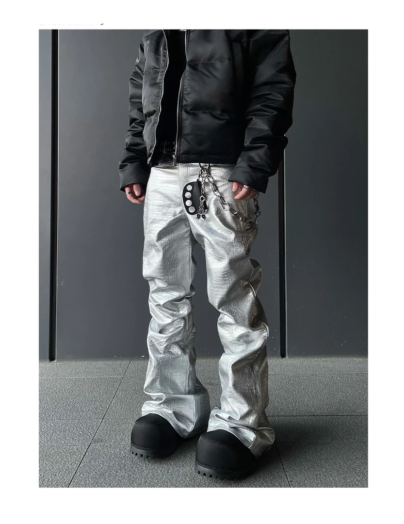 Mauroicardi Spring Autumn Cool Handsome Long Black Crocodile Print Pu Leather Pants for Men Luxury Designer Floor Length Clothes