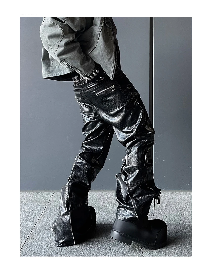 Mauroicardi Spring Autumn Cool Handsome Long Black Crocodile Print Pu Leather Pants for Men Luxury Designer Floor Length Clothes