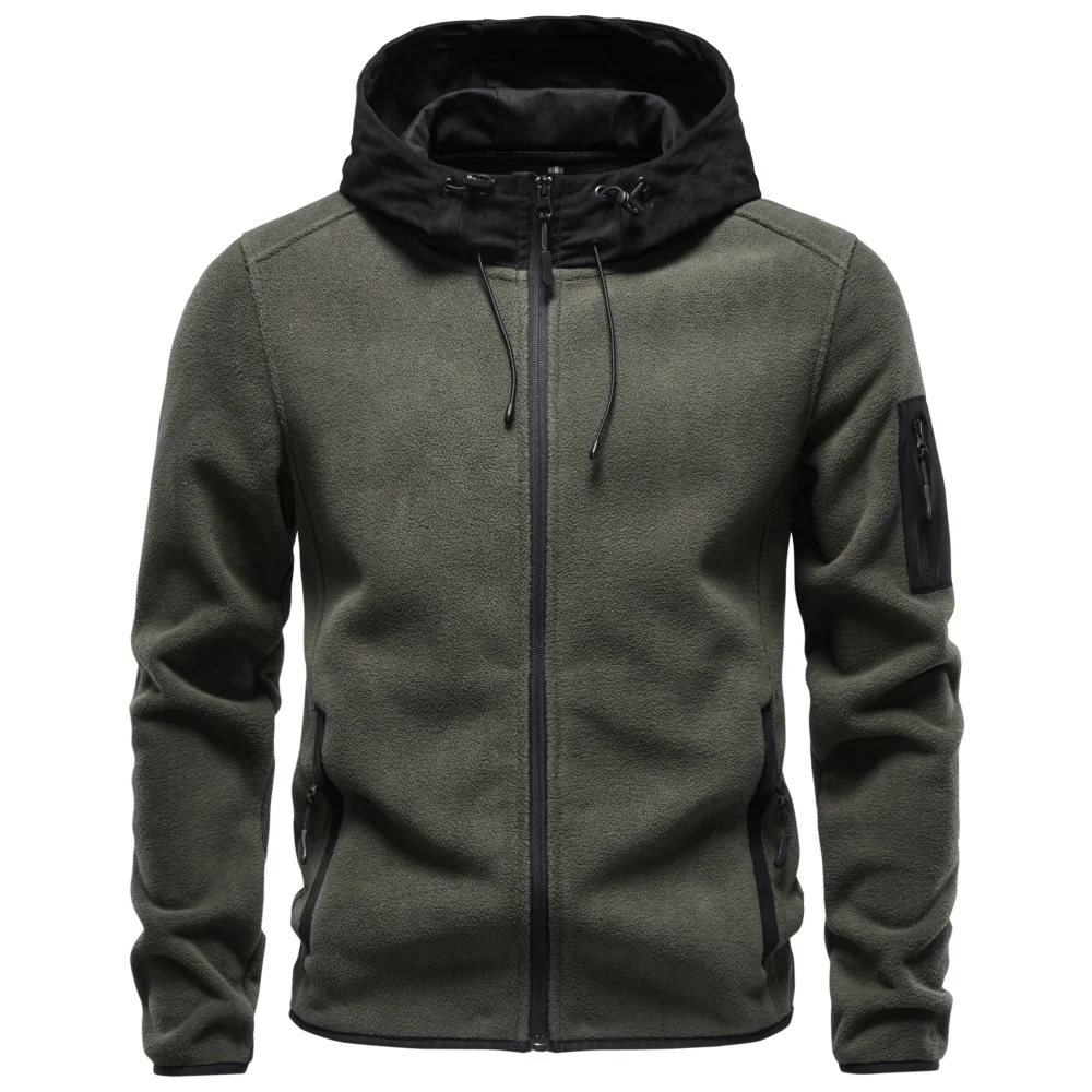 AIOPESON Men's Multi Pocket Hooded Fleece Jacket Full Zip Coat Suede Hood Zip Up Streetwear Autumn Winter Warm Outerwear