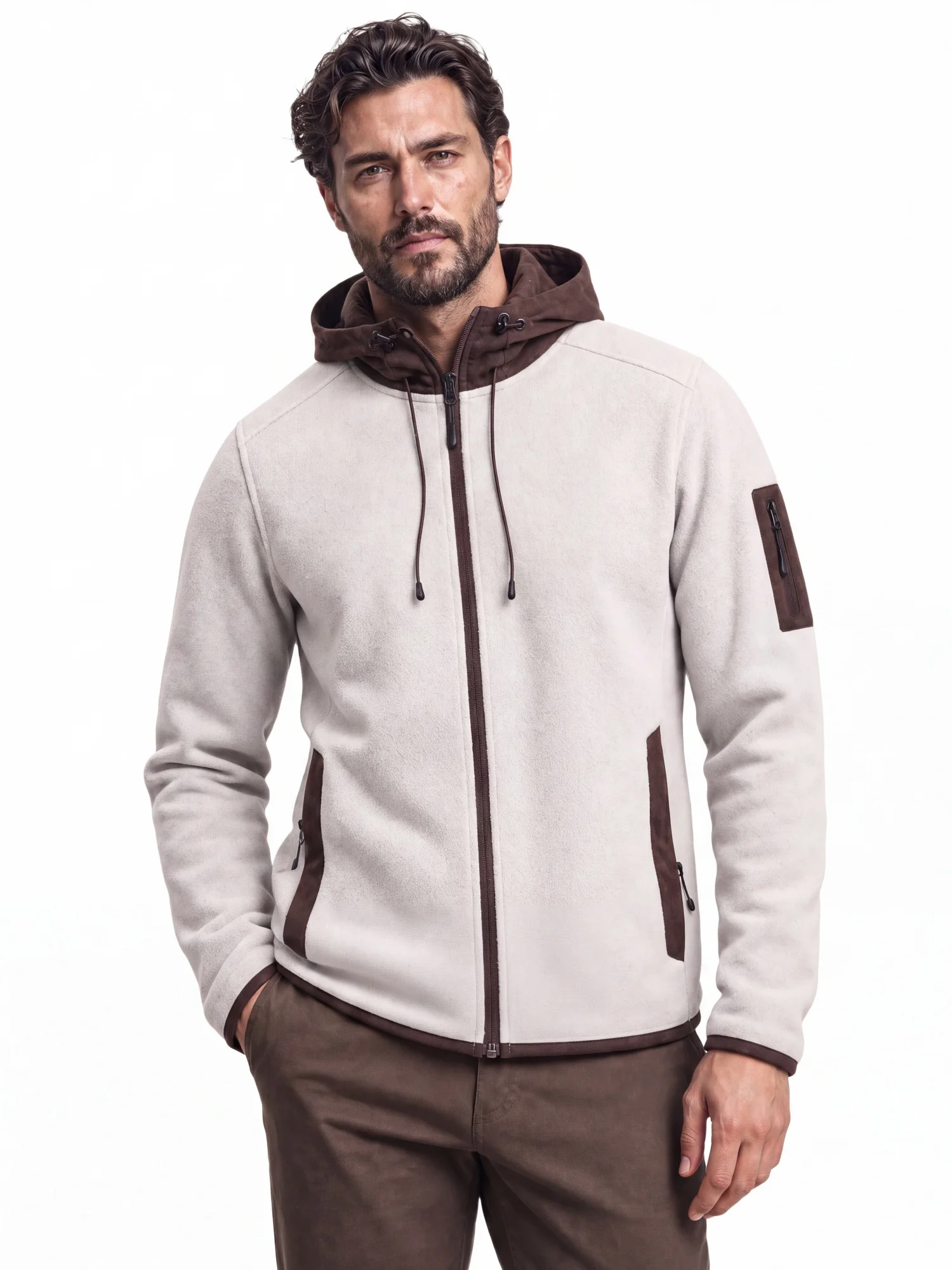 AIOPESON Men's Multi Pocket Hooded Fleece Jacket Full Zip Coat Suede Hood Zip Up Streetwear Autumn Winter Warm Outerwear