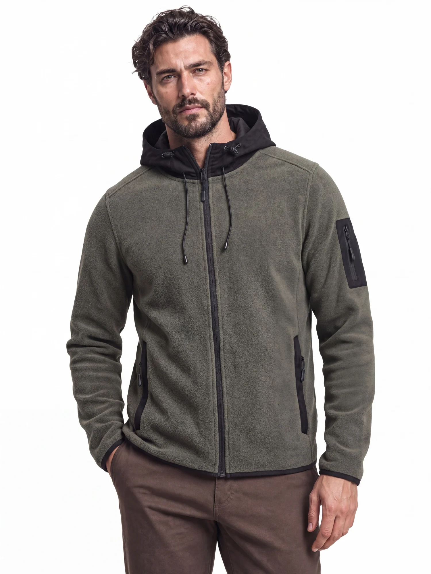 AIOPESON Men's Multi Pocket Hooded Fleece Jacket Full Zip Coat Suede Hood Zip Up Streetwear Autumn Winter Warm Outerwear