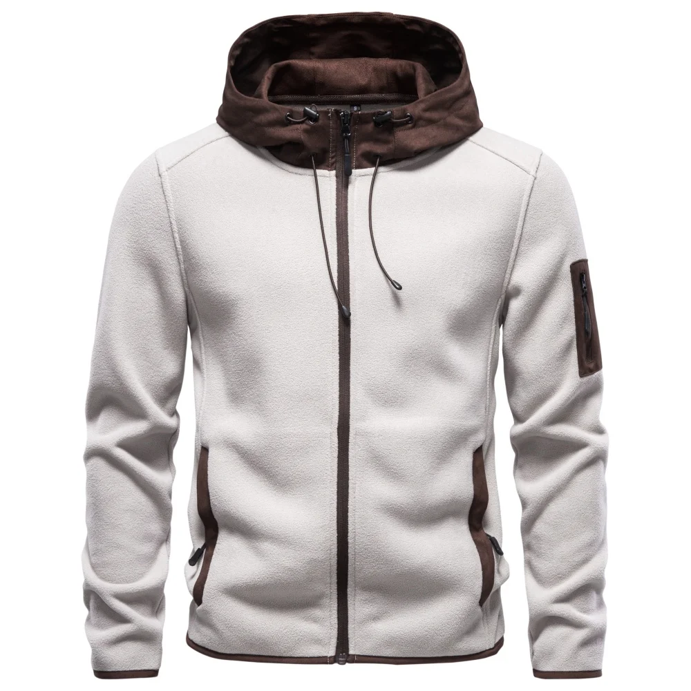 AIOPESON Men's Multi Pocket Hooded Fleece Jacket Full Zip Coat Suede Hood Zip Up Streetwear Autumn Winter Warm Outerwear