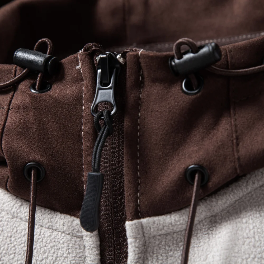 AIOPESON Men's Multi Pocket Hooded Fleece Jacket Full Zip Coat Suede Hood Zip Up Streetwear Autumn Winter Warm Outerwear