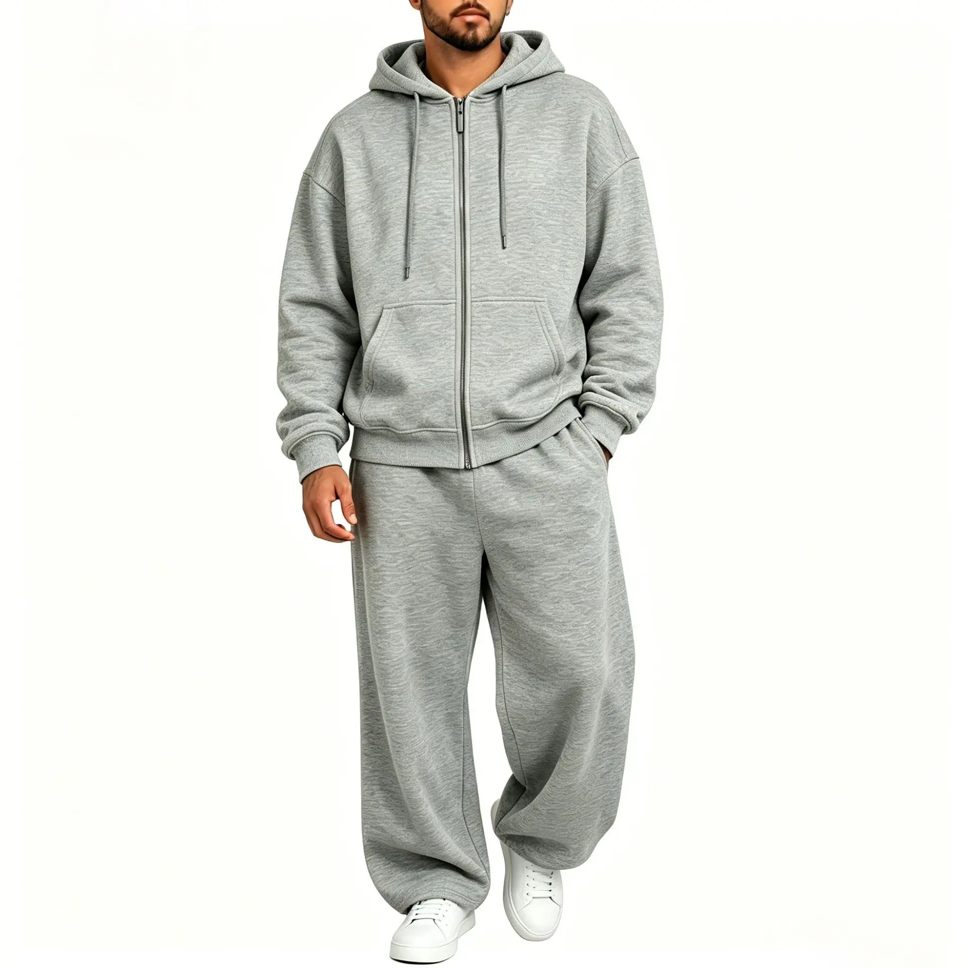 Men Full Zip Hoodie Set Kangaroo Pocket Drawstring Wide Leg Pants Loose Casual Two Piece Sports Outfit Set