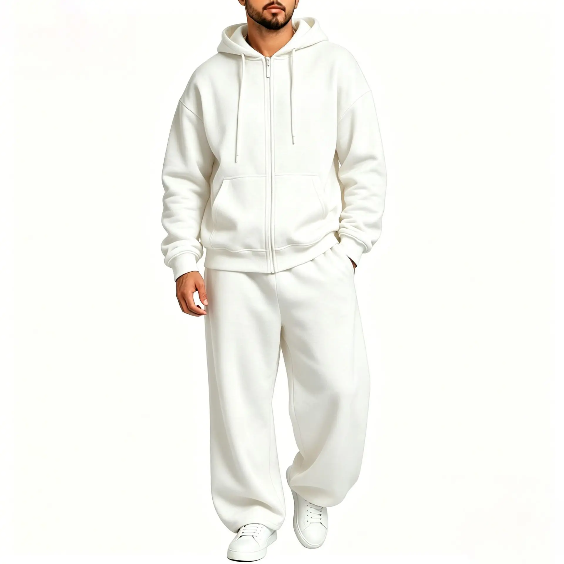 Men Full Zip Hoodie Set Kangaroo Pocket Drawstring Wide Leg Pants Loose Casual Two Piece Sports Outfit Set