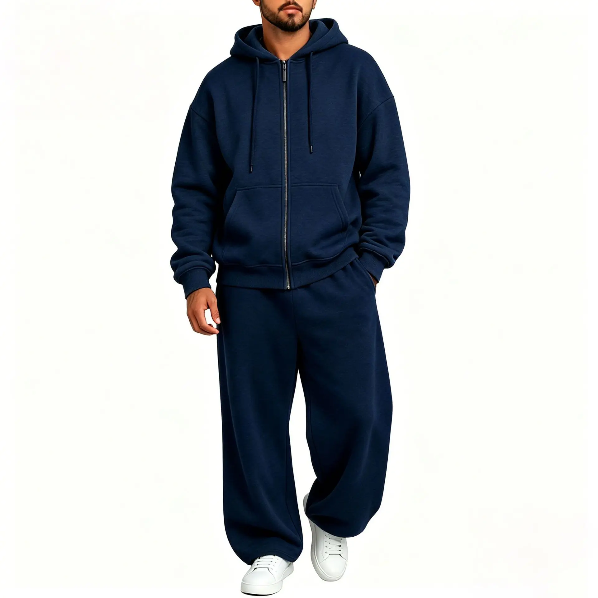 Men Full Zip Hoodie Set Kangaroo Pocket Drawstring Wide Leg Pants Loose Casual Two Piece Sports Outfit Set