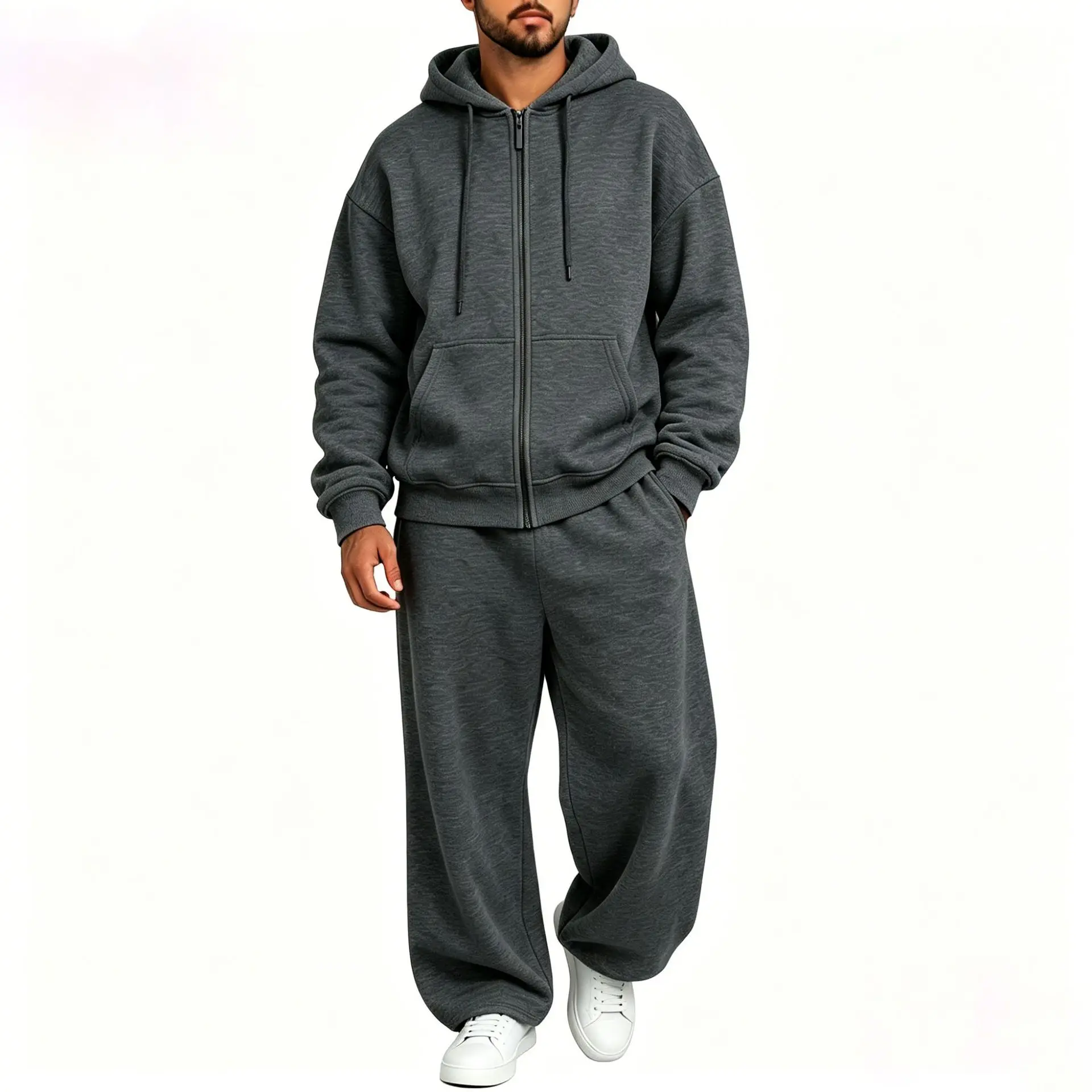 Men Full Zip Hoodie Set Kangaroo Pocket Drawstring Wide Leg Pants Loose Casual Two Piece Sports Outfit Set