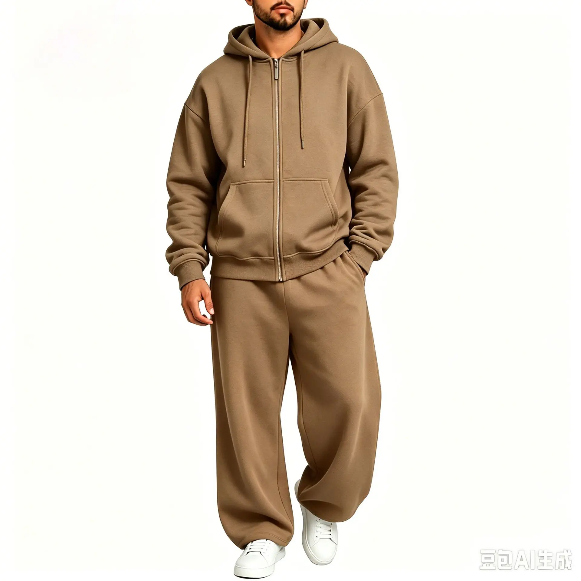 Men Full Zip Hoodie Set Kangaroo Pocket Drawstring Wide Leg Pants Loose Casual Two Piece Sports Outfit Set