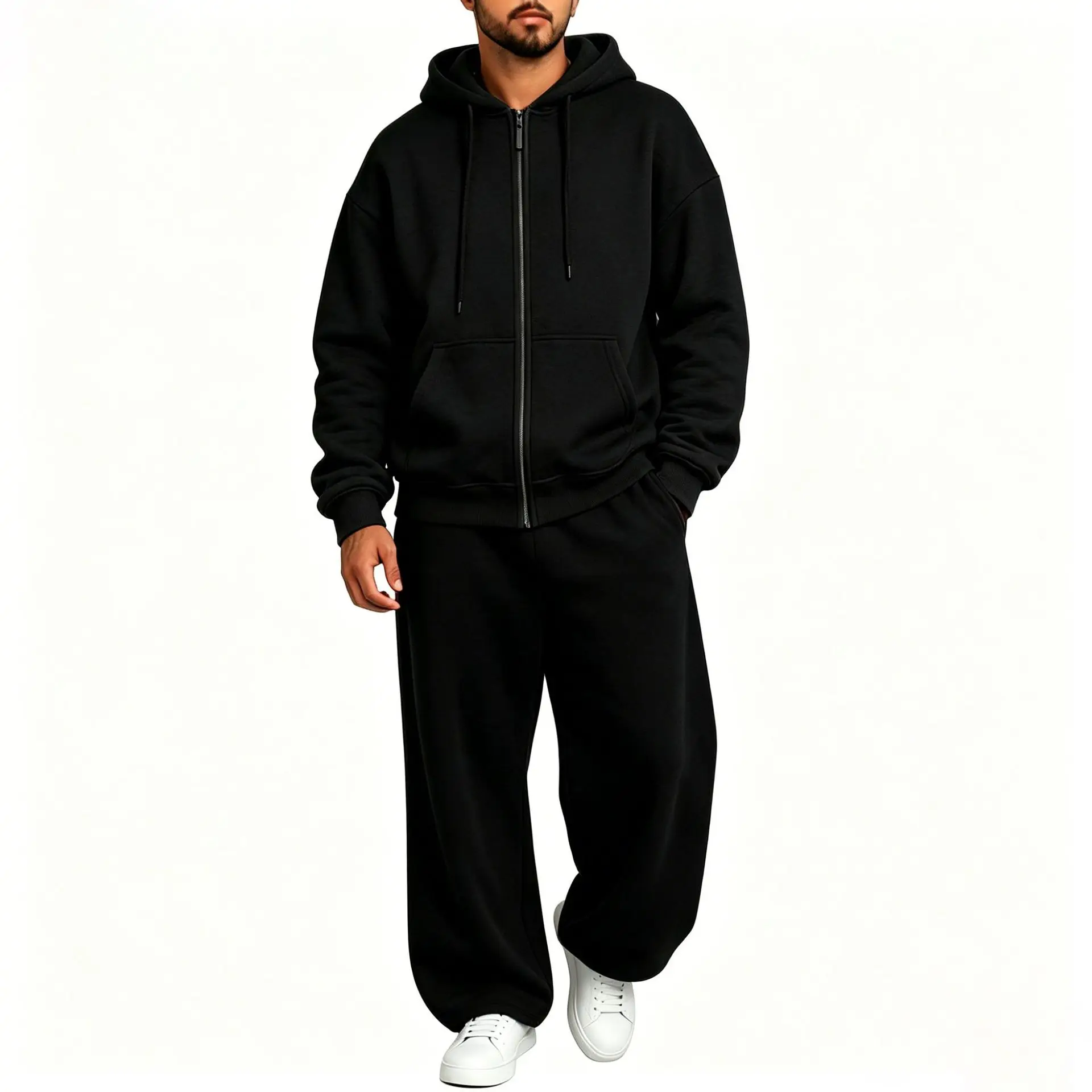 Men Full Zip Hoodie Set Kangaroo Pocket Drawstring Wide Leg Pants Loose Casual Two Piece Sports Outfit Set