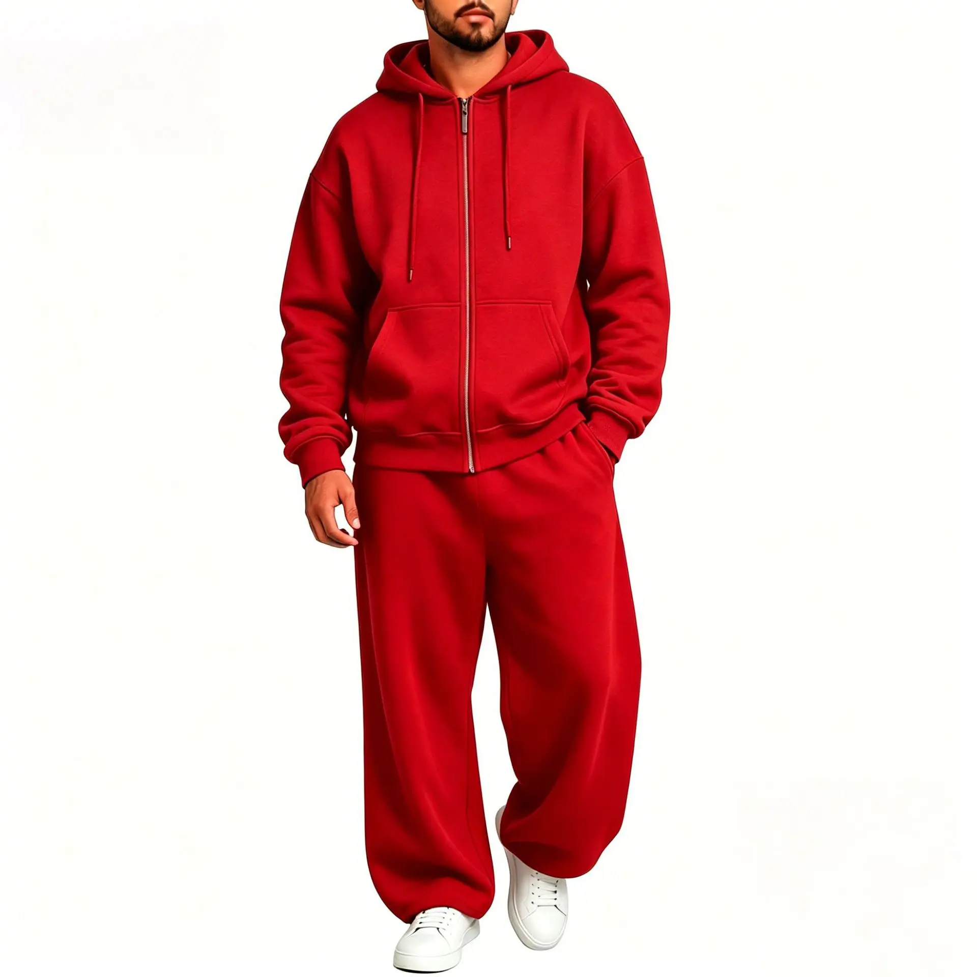 Men Full Zip Hoodie Set Kangaroo Pocket Drawstring Wide Leg Pants Loose Casual Two Piece Sports Outfit Set