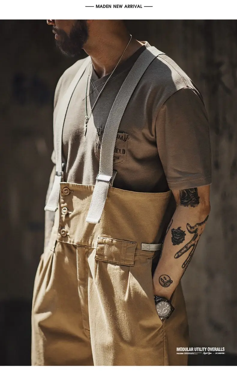 Maden Vintage Heavyweight Khaki Overalls Loose Fit Men's Jumpsuit with Wide Leg Adjustable Straps Workwear Pants for Spring Fall