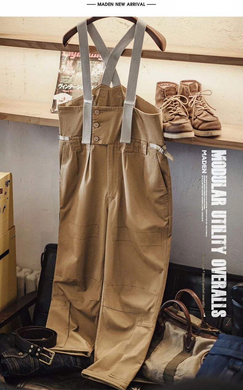 Maden Vintage Heavyweight Khaki Overalls Loose Fit Men's Jumpsuit with Wide Leg Adjustable Straps Workwear Pants for Spring Fall