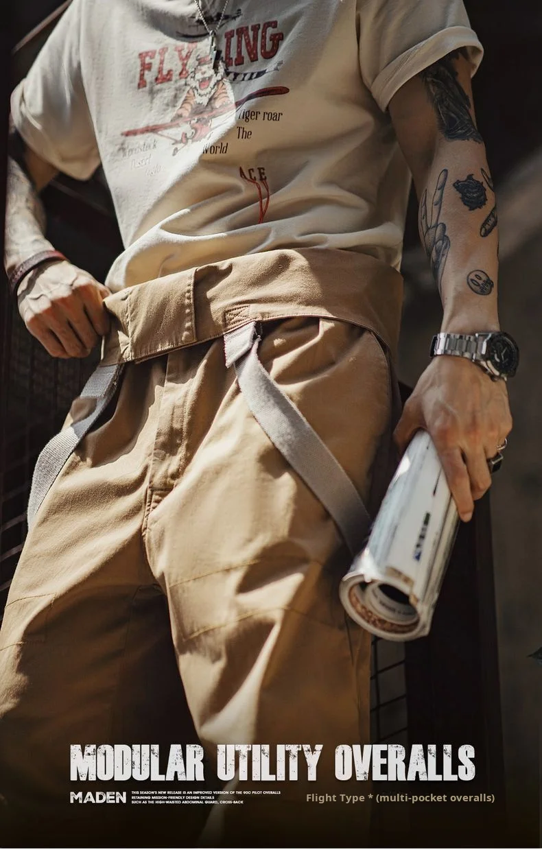 Maden Vintage Heavyweight Khaki Overalls Loose Fit Men's Jumpsuit with Wide Leg Adjustable Straps Workwear Pants for Spring Fall