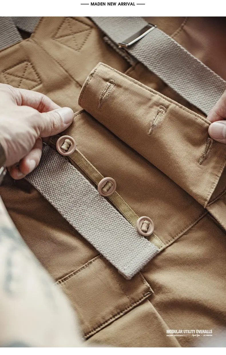 Maden Vintage Heavyweight Khaki Overalls Loose Fit Men's Jumpsuit with Wide Leg Adjustable Straps Workwear Pants for Spring Fall
