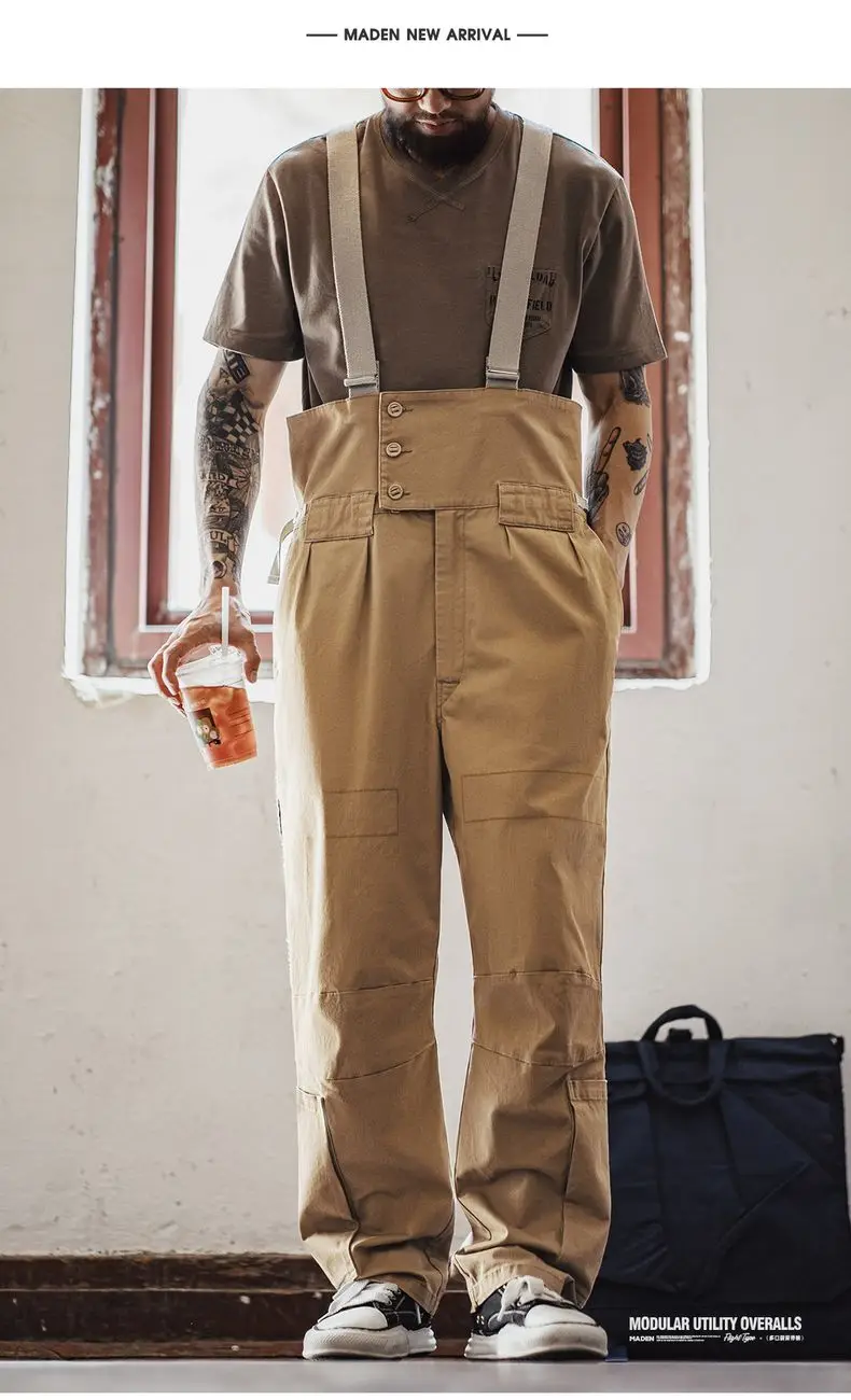 Maden Vintage Heavyweight Khaki Overalls Loose Fit Men's Jumpsuit with Wide Leg Adjustable Straps Workwear Pants for Spring Fall