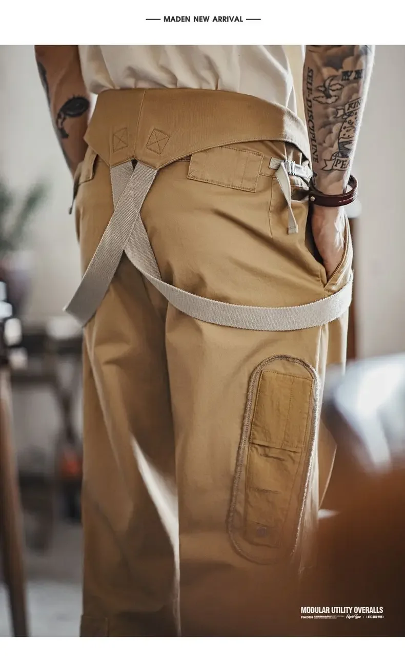 Maden Vintage Heavyweight Khaki Overalls Loose Fit Men's Jumpsuit with Wide Leg Adjustable Straps Workwear Pants for Spring Fall