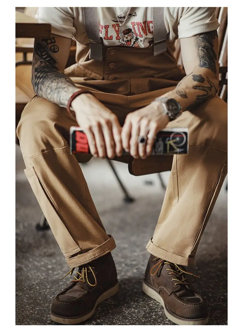 Maden Vintage Heavyweight Khaki Overalls Loose Fit Men's Jumpsuit with Wide Leg Adjustable Straps Workwear Pants for Spring Fall