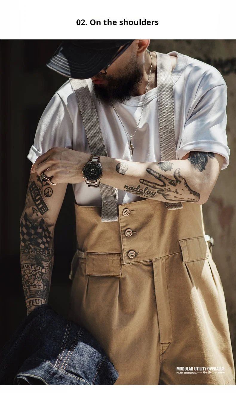 Maden Vintage Heavyweight Khaki Overalls Loose Fit Men's Jumpsuit with Wide Leg Adjustable Straps Workwear Pants for Spring Fall