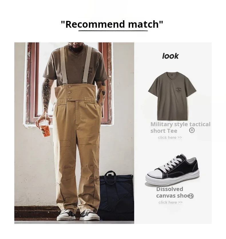 Maden Vintage Heavyweight Khaki Overalls Loose Fit Men's Jumpsuit with Wide Leg Adjustable Straps Workwear Pants for Spring Fall