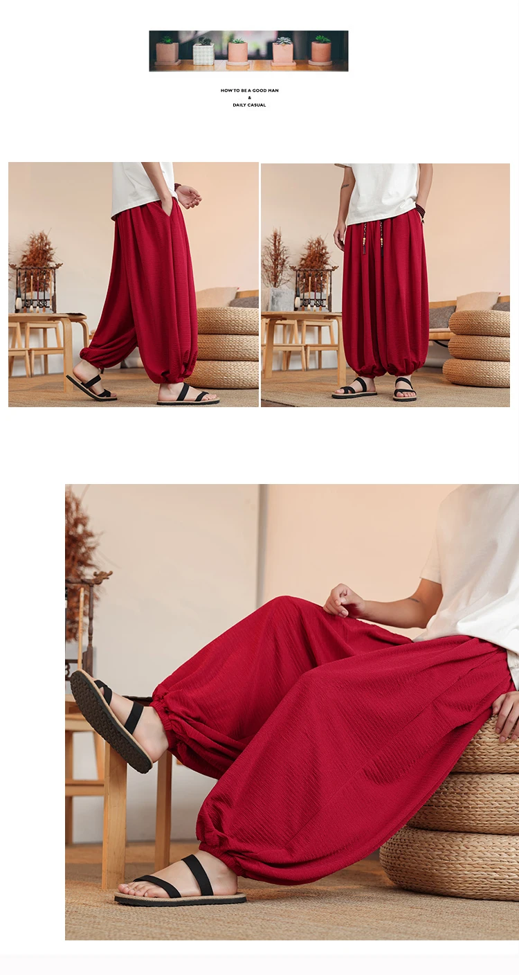 Summer Wide Leg Pants Men's Solid Color Casual Japanese Styles Harun Pants Men Fashion Loose Harajuku Lantern Trousers Plus Size